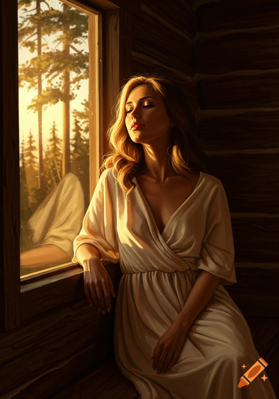 A woman with her eyes closed in a cream dress leans on a window sill in a wood cabin, bathed in golden sunlight from a forest outside.