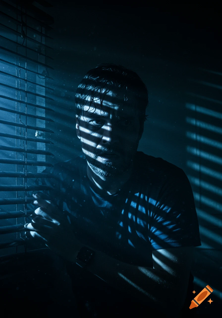 Photorealistic portrait of a man's face partially covered by shadows from venetian blinds, in a dark, blue-lit room.
