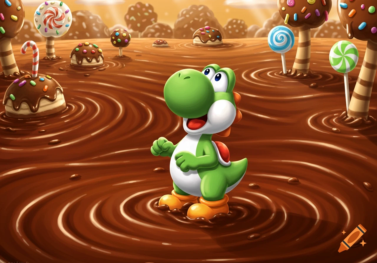 Yoshi stands in a vast pool of swirling melted chocolate, surrounded by large lollipops, candy canes, and chocolate-covered hills.
