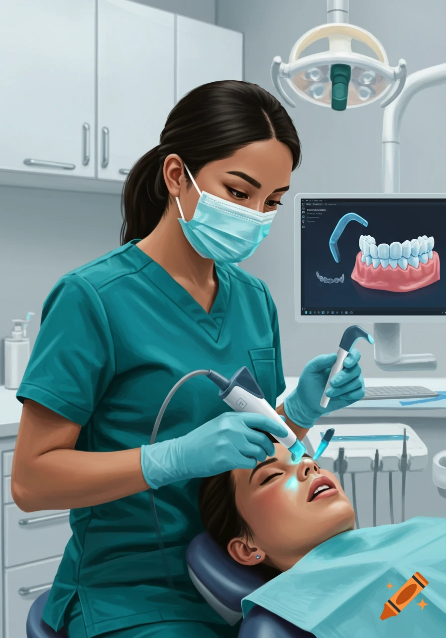 A female dentist in teal scrubs and mask scans a patient's teeth with an intraoral scanner in a dental office, with a 3D model of teeth on a monitor.