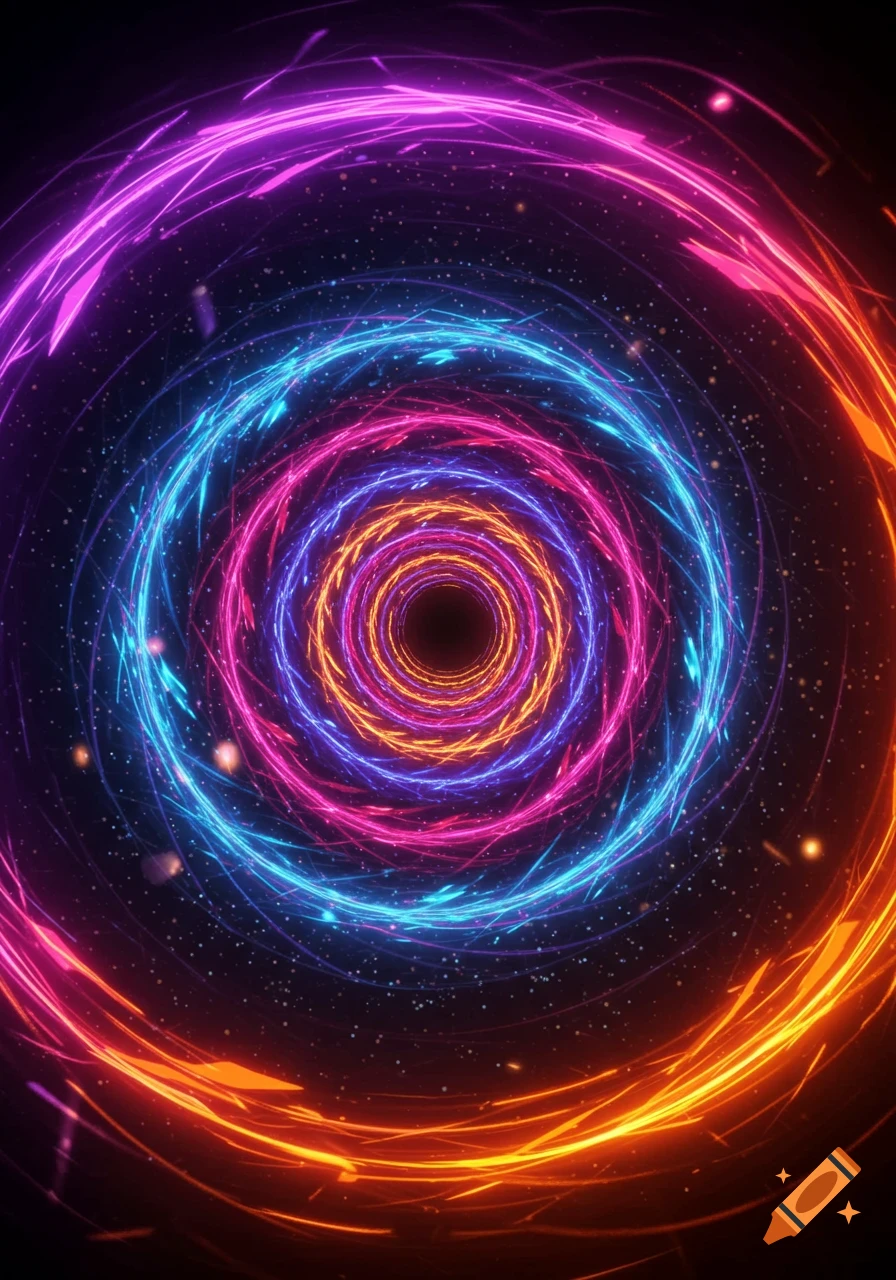 A vibrant, abstract vortex tunnel with swirling rings of neon pink, blue, purple, and orange lights on a dark, starry background.