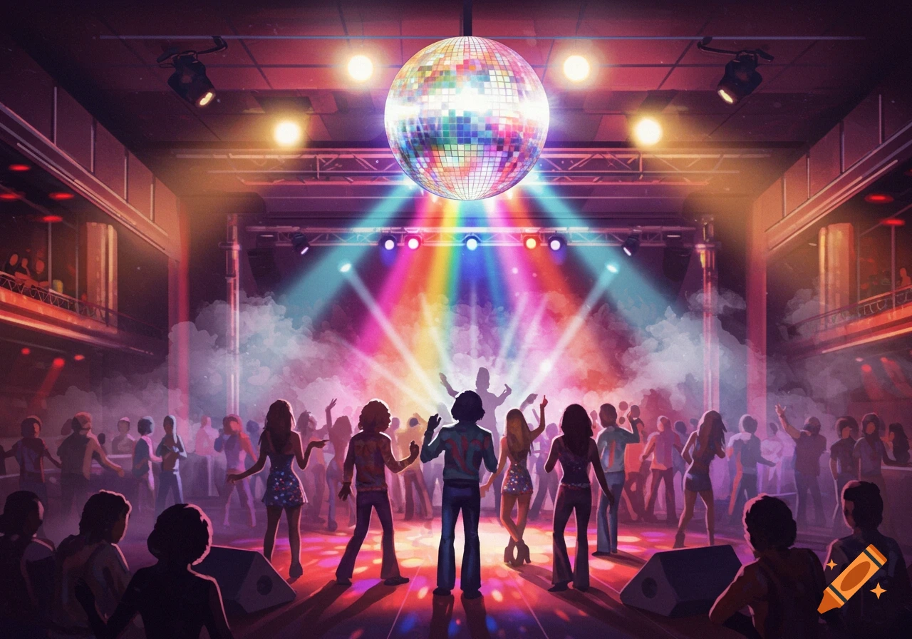 An illustrative image of people dancing in a lively disco club under a large, colorful disco ball and spotlights.