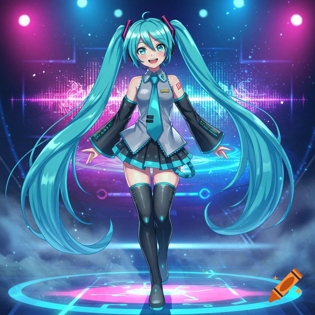 An anime character, Hatsune Miku, with long blue pigtails and a teal outfit, stands on a neon-lit stage.
