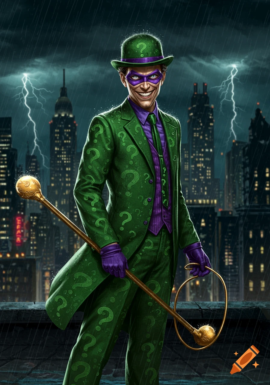 The Riddler, in his green question mark suit and purple mask, grins on a stormy city rooftop with lightning.