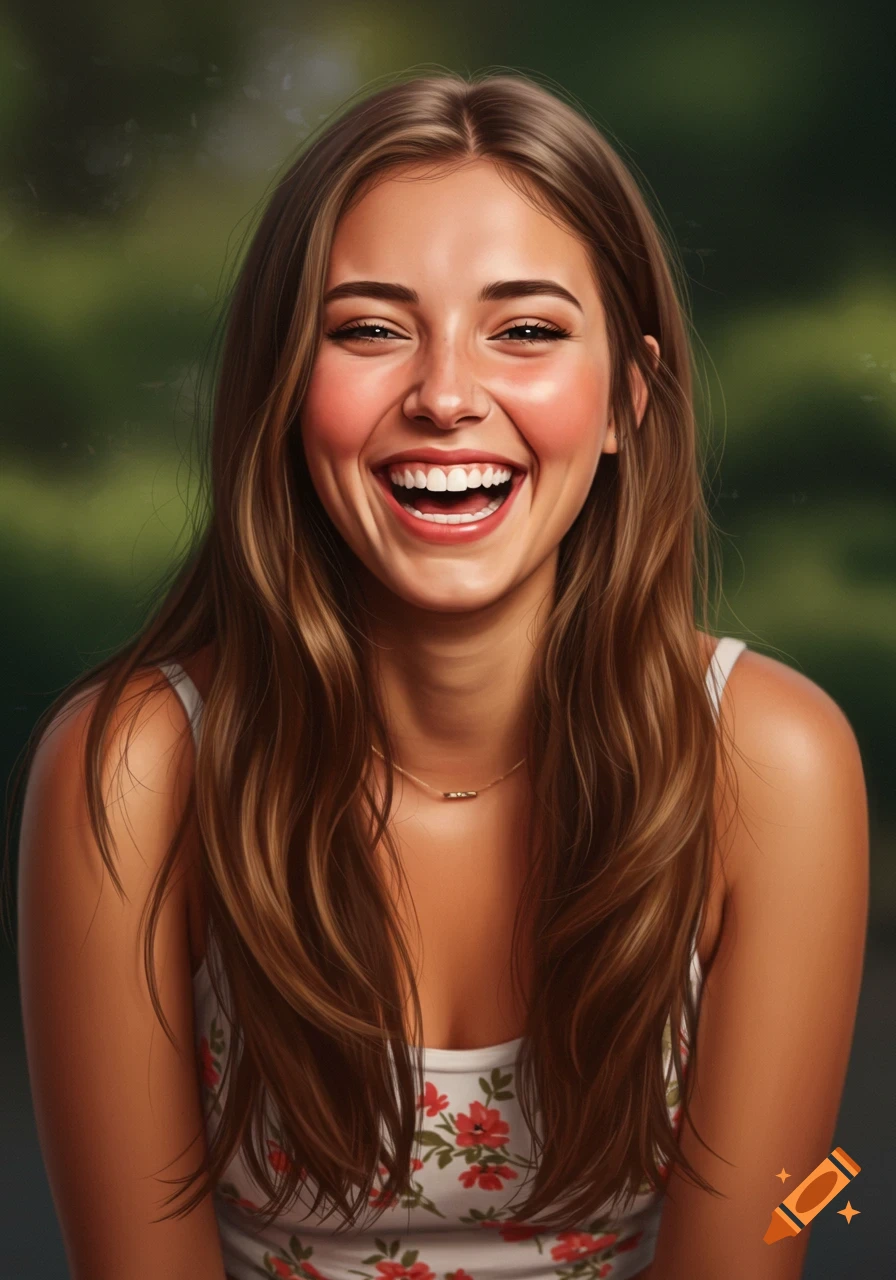Photorealistic portrait of a young woman with long brown hair, laughing ...