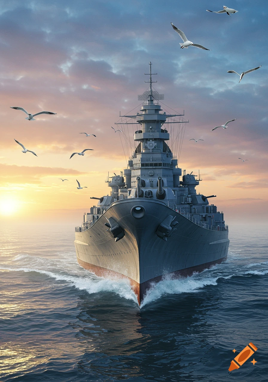 Photorealistic image of a battleship sailing on the ocean at sunset, with seagulls flying overhead.