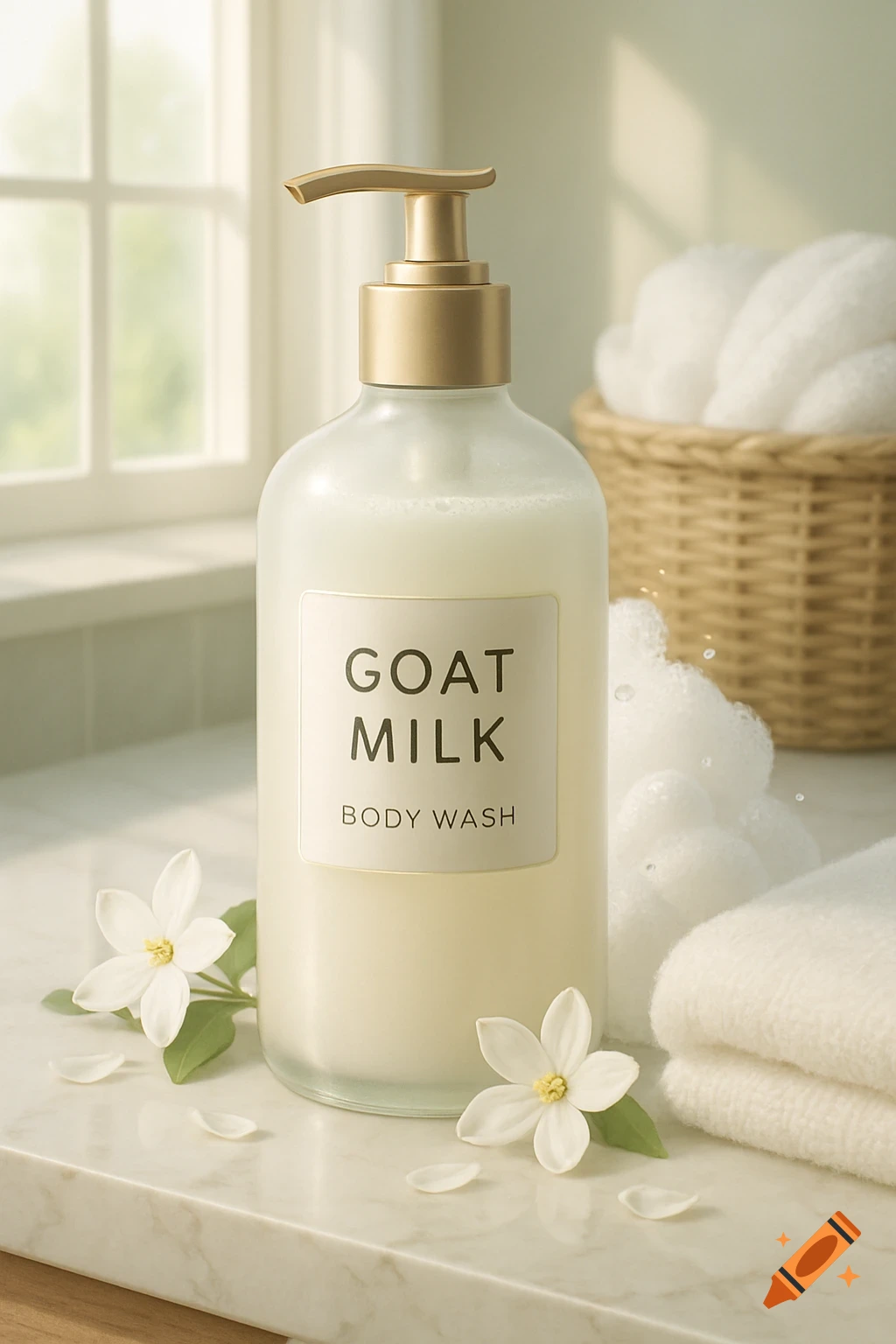 A photorealistic image of a white bottle of 'GOAT MILK BODY WASH' with a gold pump, placed on a marble counter with white flowers, towels, and soap suds, by a window.