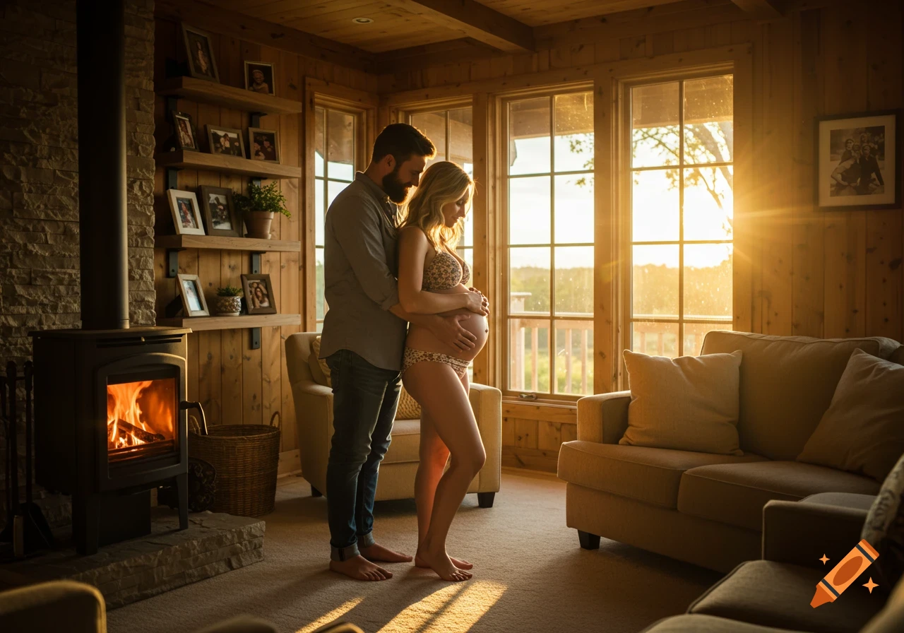 Photorealistic image of a pregnant woman in a bikini embraced by her husband in a cozy wooden house bathed in warm sunset light.