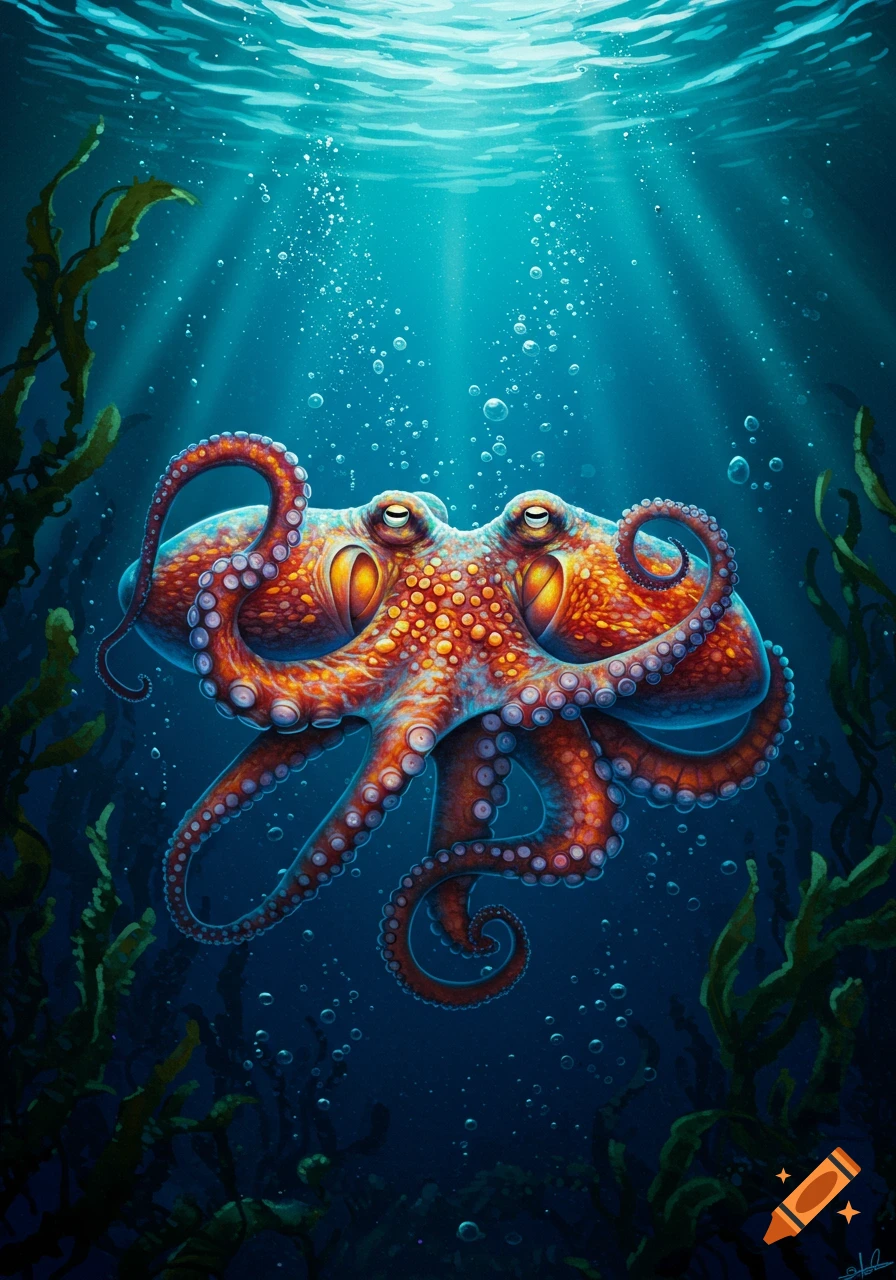 A vibrant, stylized illustration of a reddish-orange octopus swimming gracefully in a bright blue underwater scene with sun rays and seaweed.