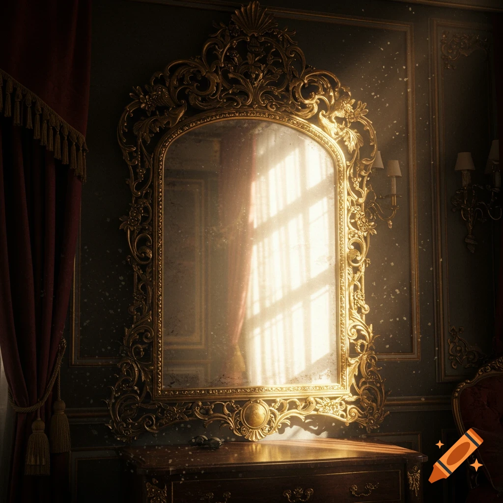 A grand, ornate gold mirror in a dark, richly decorated room. Sunbeams illuminate dust motes and reflect in the mirror, showing red curtains and wooden furniture.