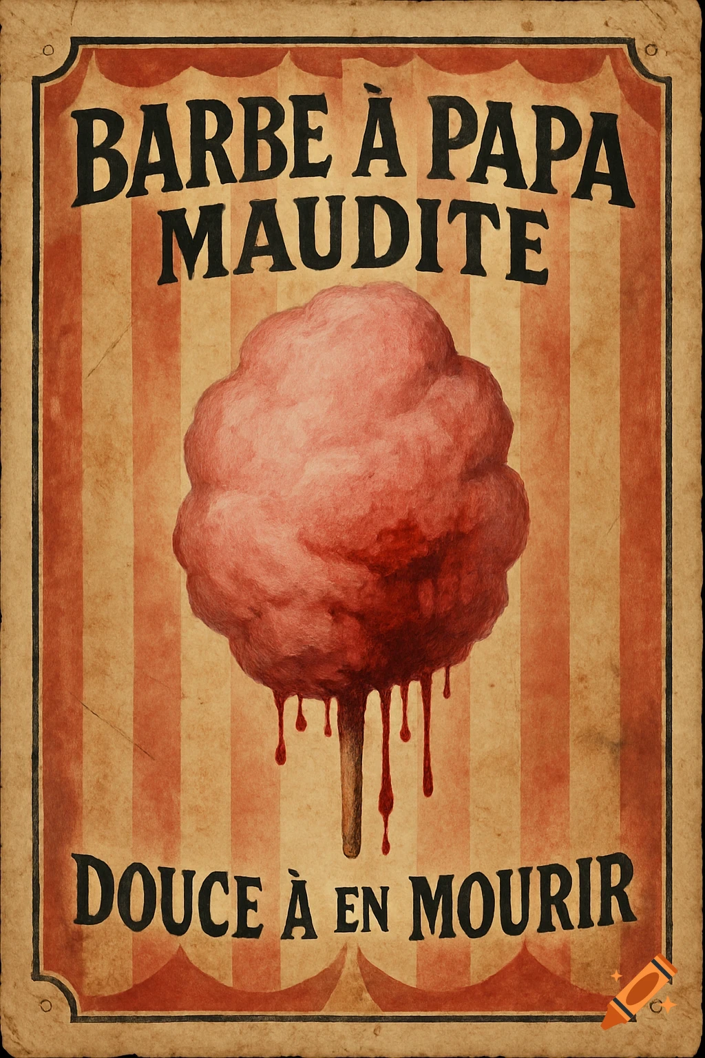 Vintage horror circus poster with a pink, blood-dripping cotton candy and the text "Cursed Cotton Candy - Sweet to Die For".
