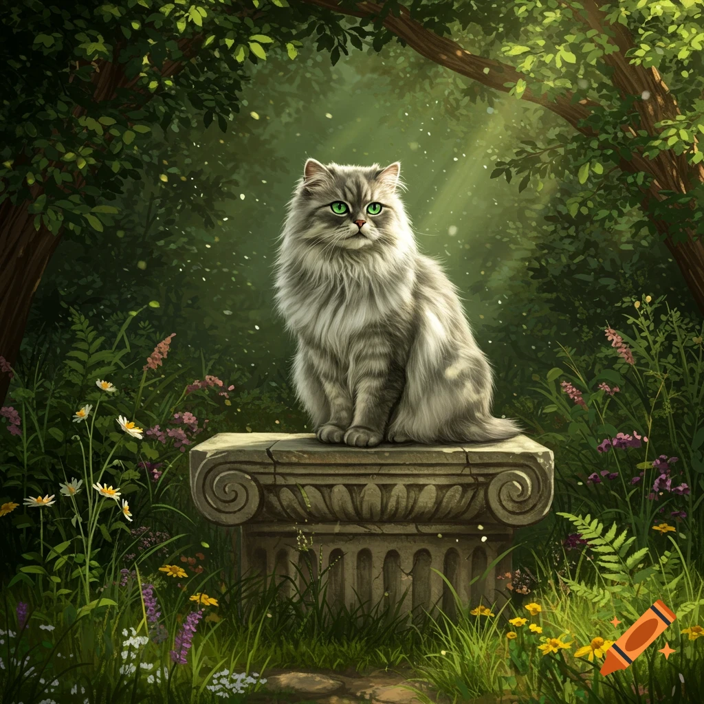 A fluffy grey cat with vibrant green eyes sits majestically on a stone pedestal in a sun-dappled, lush green forest with wildflowers.