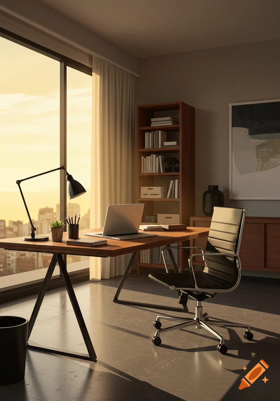 A modern home office with a large window overlooking a city at sunset, featuring a wooden desk, laptop, black office chair, and bookshelf.