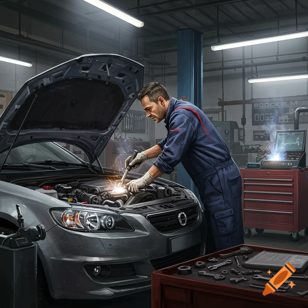 A mechanic in a blue jumpsuit works on a car engine with the hood open, creating sparks in a detailed workshop.
