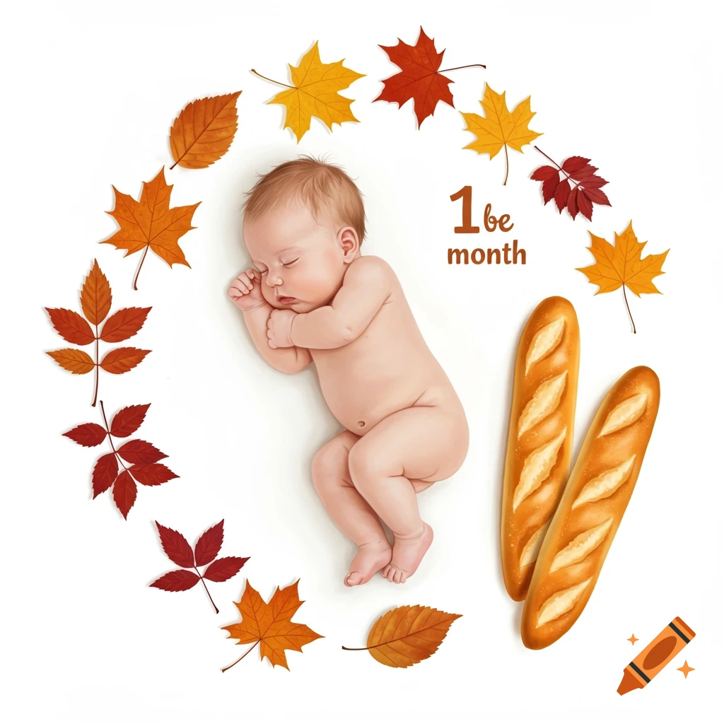A sleeping baby lies on a white surface, encircled by autumn leaves, with two baguettes and the text "1be month" to the right.