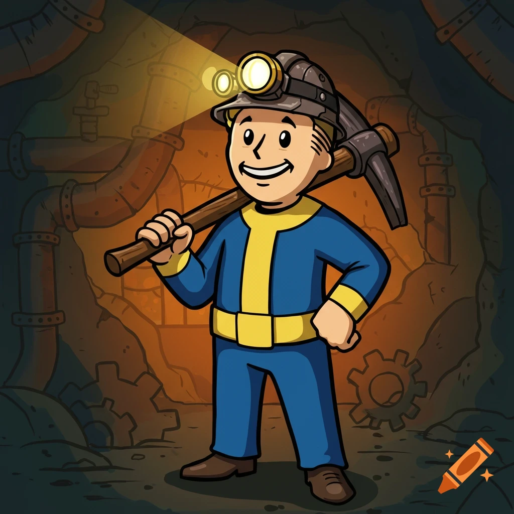 A cartoon Vault Boy from Fallout in a blue and yellow uniform and mining helmet, holding a pickaxe in a mine.