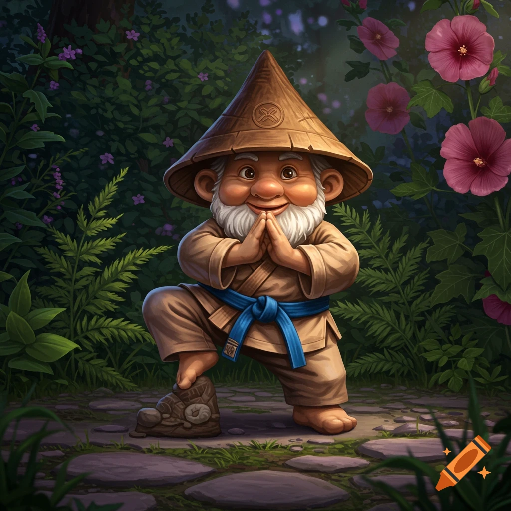 A smiling garden gnome in a jiu jitsu gi with a blue belt and straw hat, striking a pose on a stone path.