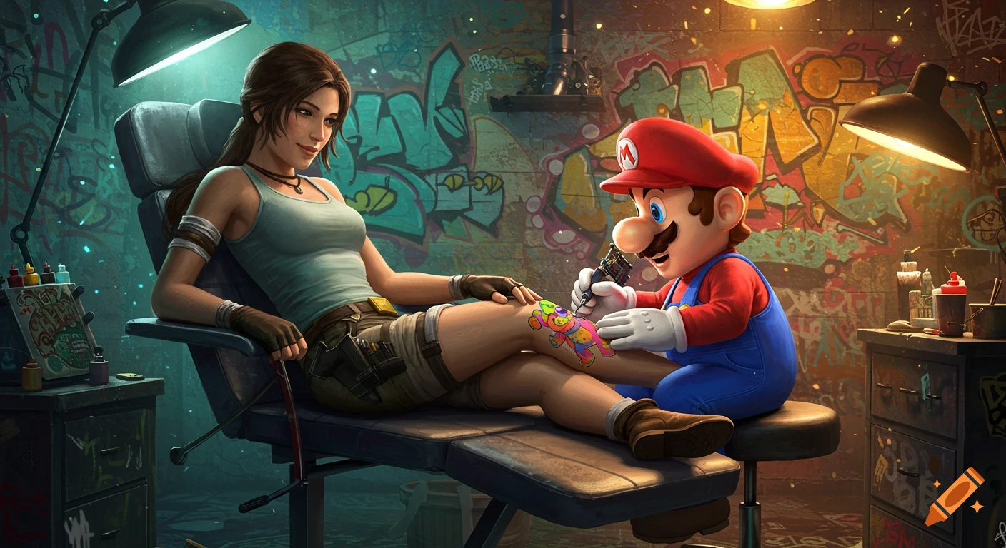 Lara Croft gets a colorful bear tattoo on her thigh from Super Mario in a graffiti-covered tattoo parlor, in a cinematic art style.