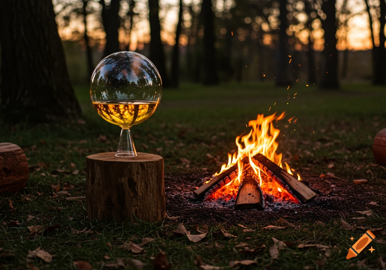 Photorealistic image of a spherical glass with golden liquid on a tree stump next to a burning campfire in a forest at sunset.