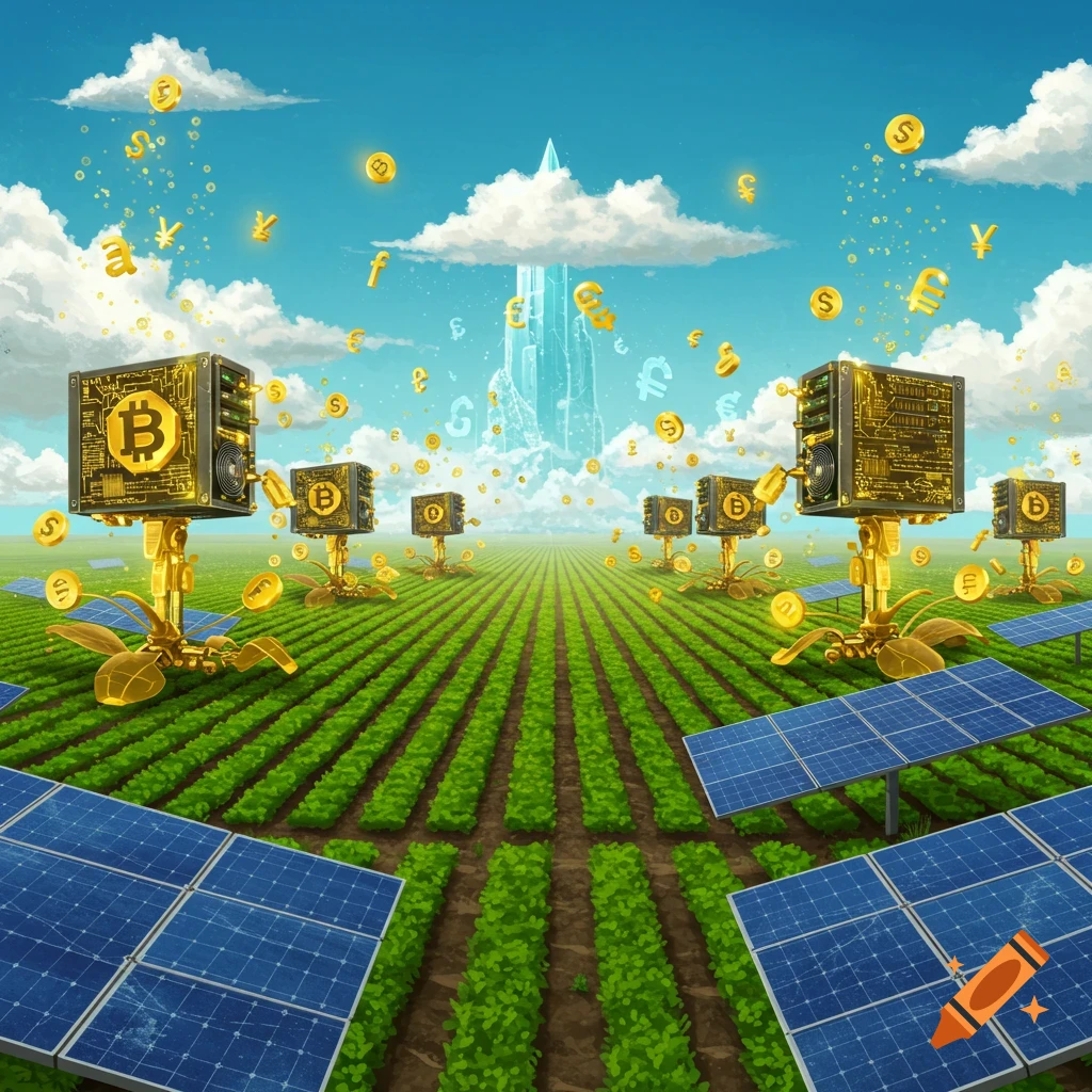 Digital art of a crypto farm with server-like plants growing in green fields, surrounded by solar panels, with golden currency symbols floating in a blue sky.