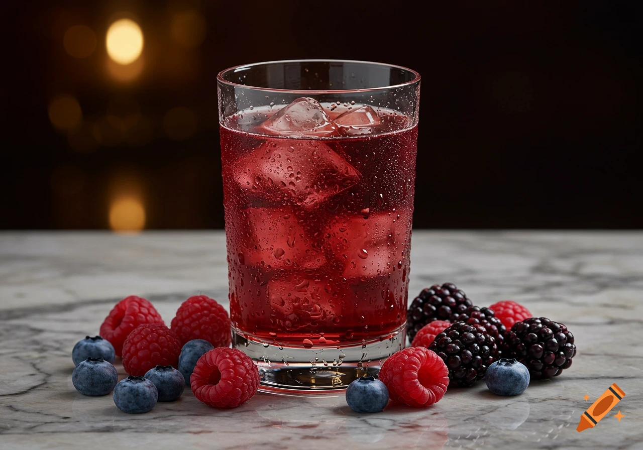 A glass of red berry drink with ice and condensation, surrounded by raspberries, blueberries, and blackberries on a marble surface.