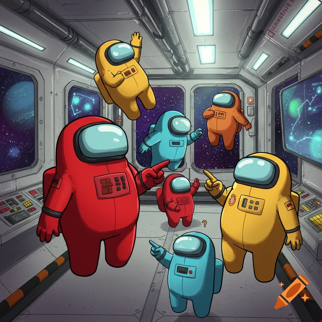 Multiple colorful Among Us characters floating and pointing inside a spaceship in a cartoon style.