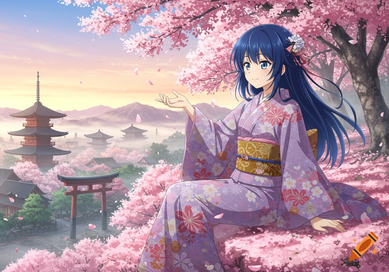 An anime girl in a purple kimono sits amidst pink cherry blossoms overlooking traditional Japanese pagodas and a torii gate at sunset.