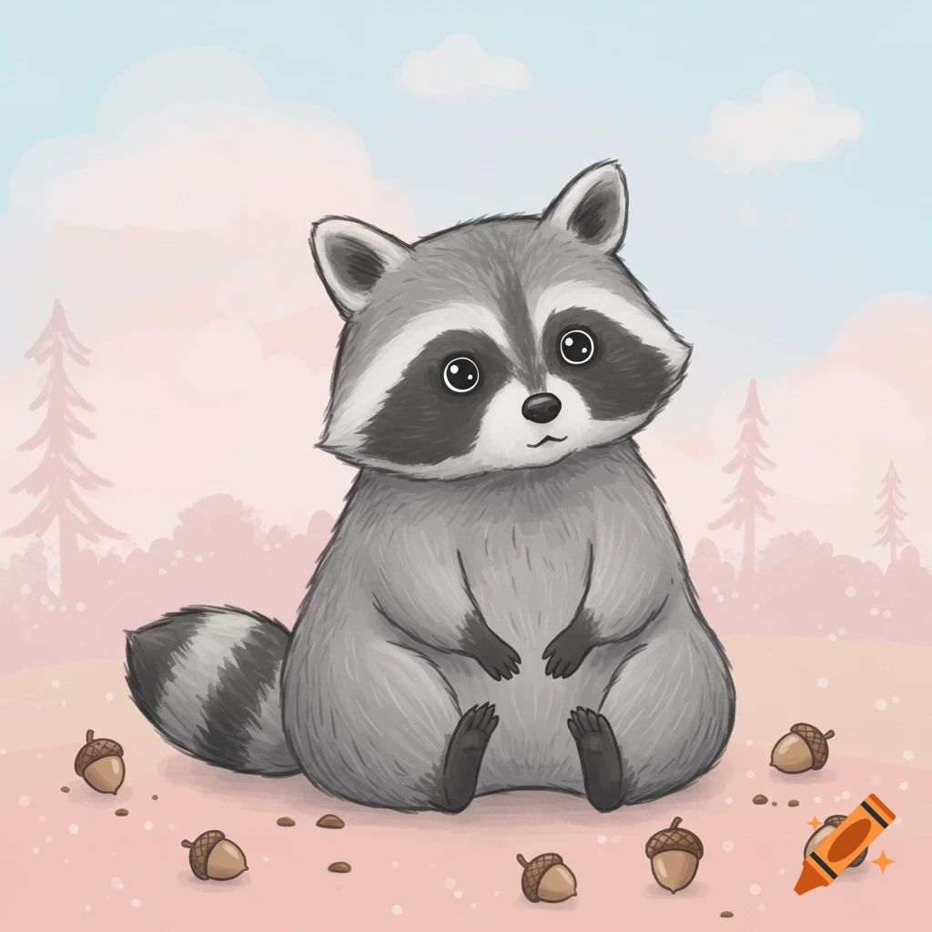 A cute cartoon raccoon with big black eyes sits on its bottom surrounded by acorns in a soft, pastel-colored forest scene.