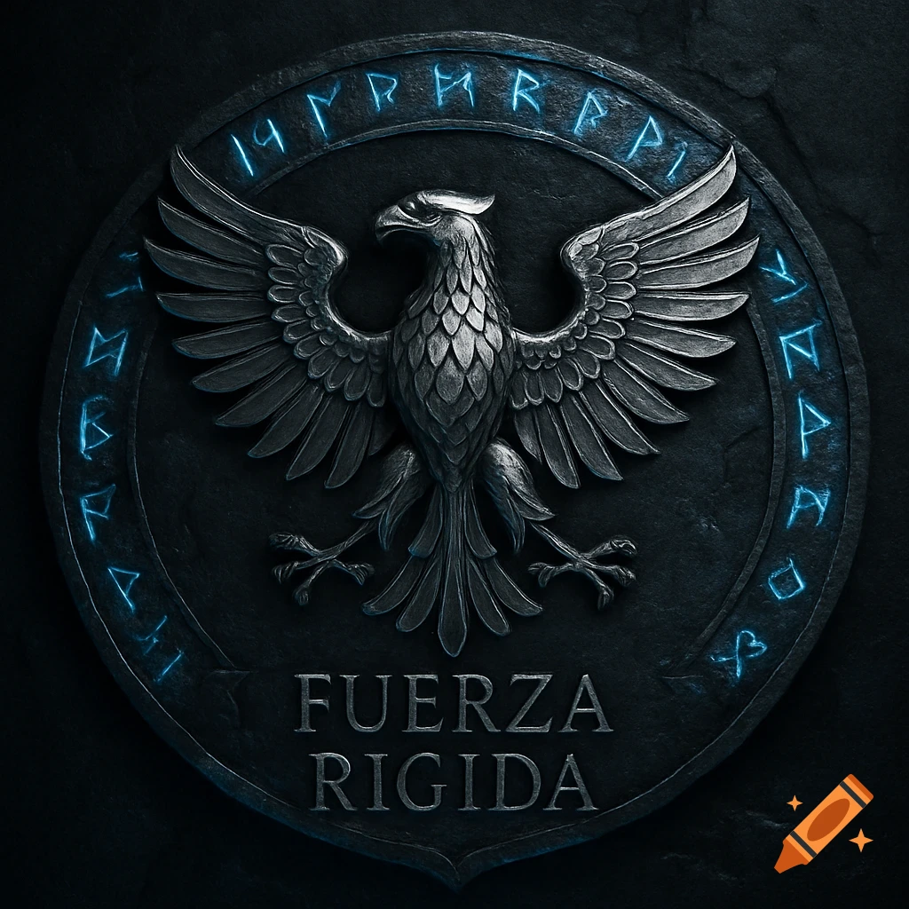 Metallic silver eagle emblem on a dark circular stone shield with glowing blue runic patterns and "FUERZA RIGIDA" text.