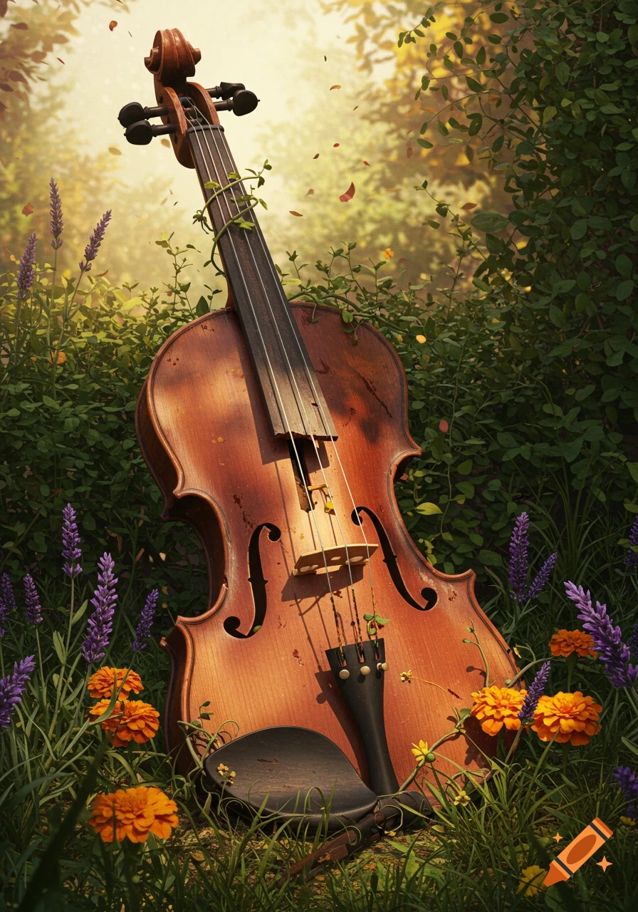 A violin overgrown with green vines and leaves rests in a sunlit garden with purple lavender and orange flowers.