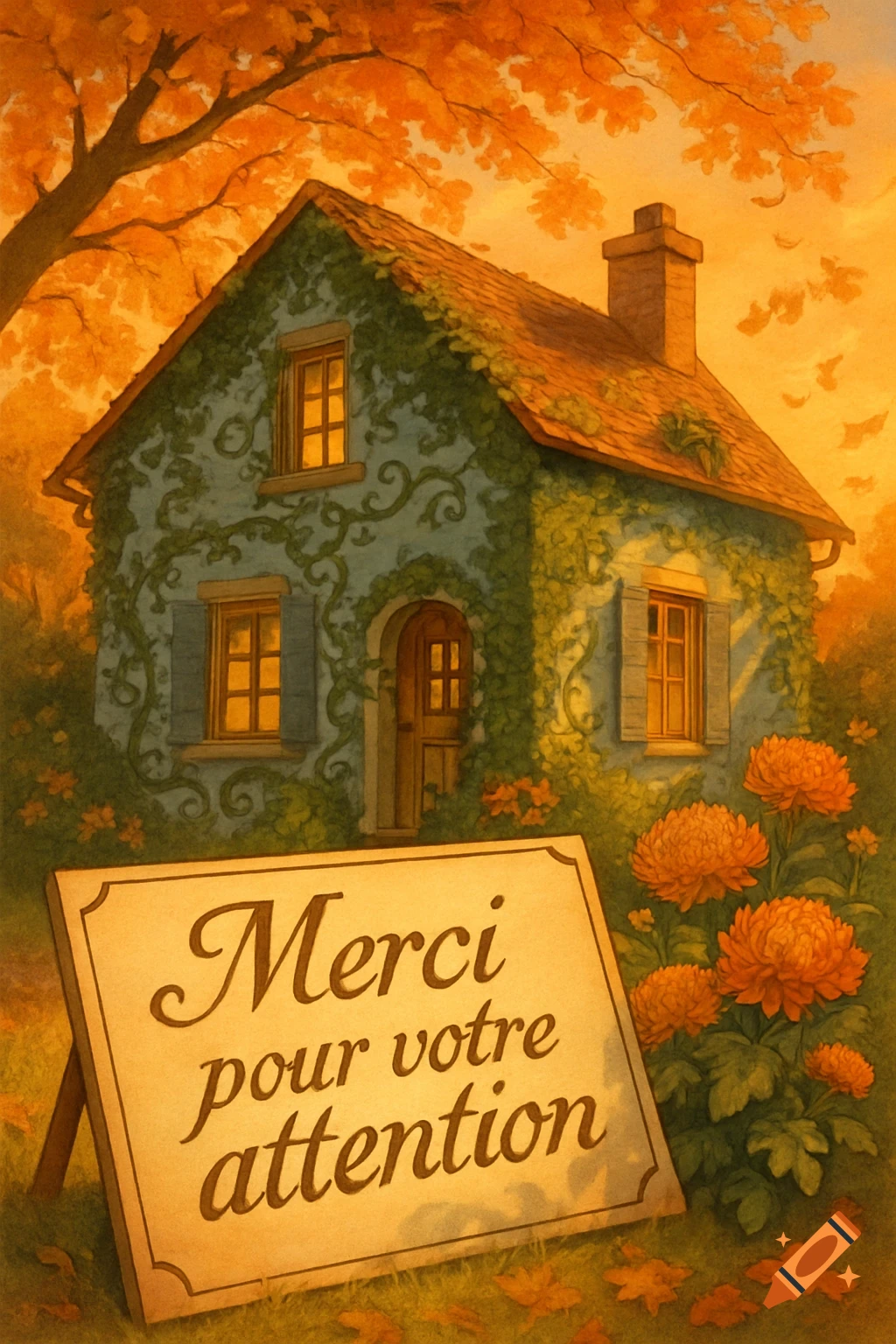 A cozy, ivy-covered cottage surrounded by orange autumn leaves and chrysanthemums, with a sign saying 'Merci pour votre attention'.