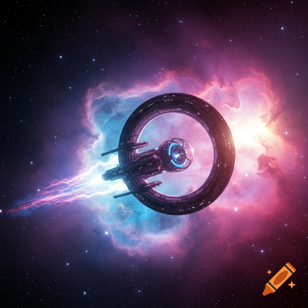 A futuristic round spaceship with glowing engines streaks through a vibrant purple, pink, and blue nebula, surrounded by stars.