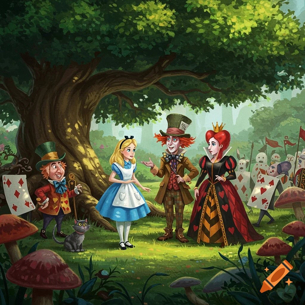 An illustration of Alice, the Mad Hatter, Queen of Hearts, and a card army in a forest, with the March Hare and a cat.