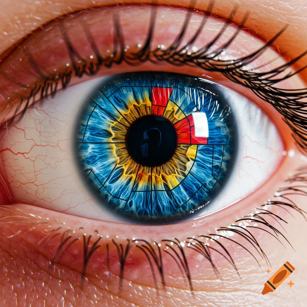 Close-up of a human eye with an iris designed in a Mondrian-style mosaic of blue, red, and yellow geometric shapes.