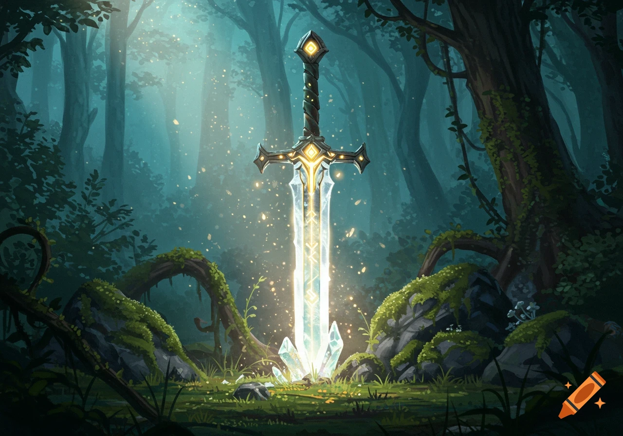 An ornate, glowing greatsword stands upright in a lush, mystical forest clearing, bathed in rays of light and golden particles.