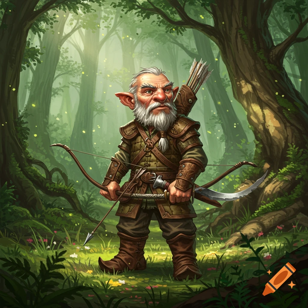 A grizzled, white-bearded gnome ranger with large ears holds a bow and a curved sword in a magical, sunlit forest.