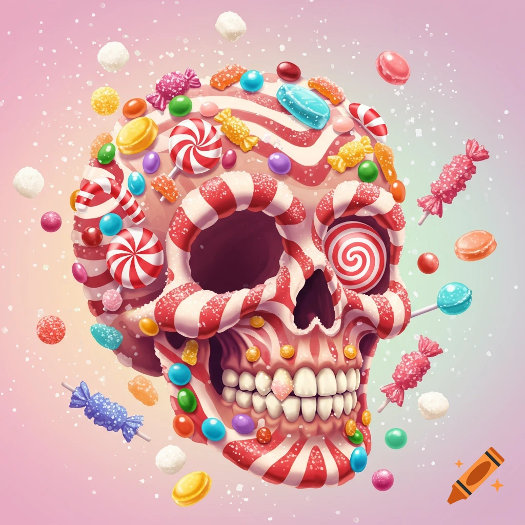 A colorful, cartoon sugar skull made of candies, lollipops, and peppermint stripes, against a pink background.