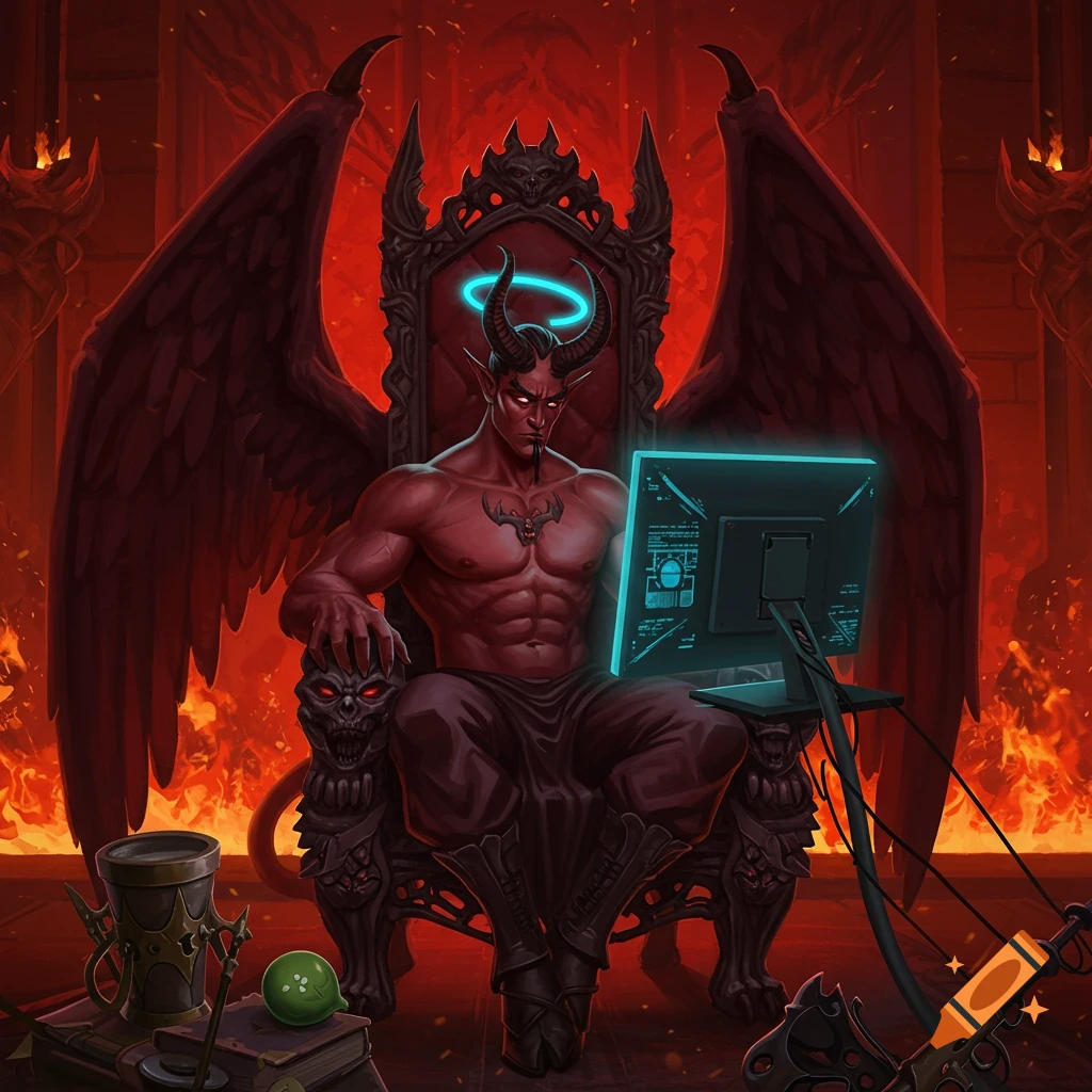 A red-skinned, horned demon with large wings sits on a skull throne, focused on a glowing computer monitor in a fiery hellish chamber.