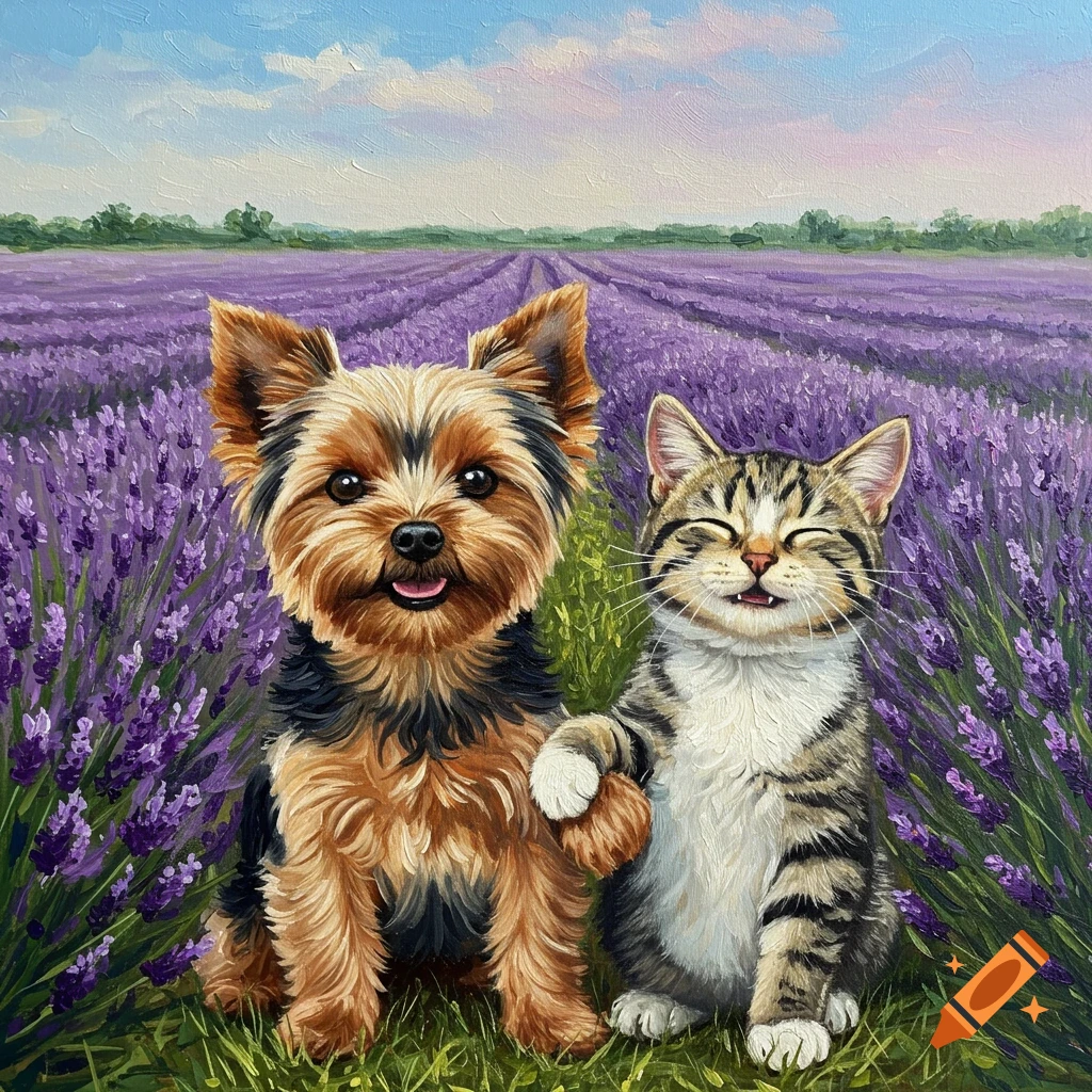 An oil painting of a Yorkshire Terrier and a tabby cat smiling together in a vibrant lavender field.