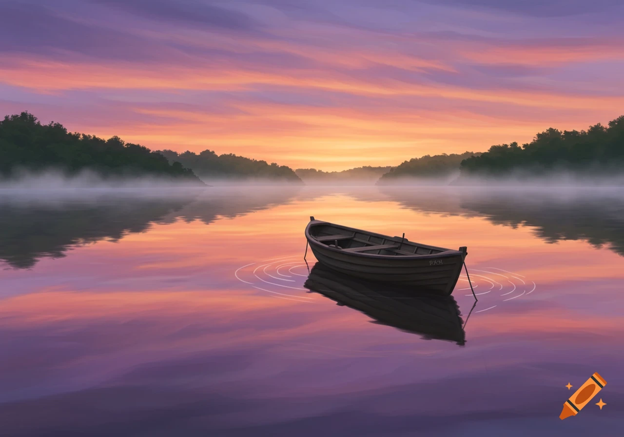 A single rowboat floats on a calm lake at sunrise or sunset, with vibrant purple and orange skies reflecting on the water, surrounded by misty forests.
