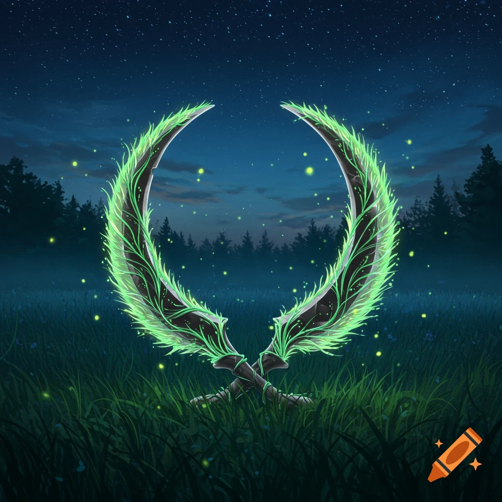 Two crossed, crescent-shaped, dark blades with glowing green grass-like edges stand in a grassy field at night with fireflies and a dark forest under a starry sky.