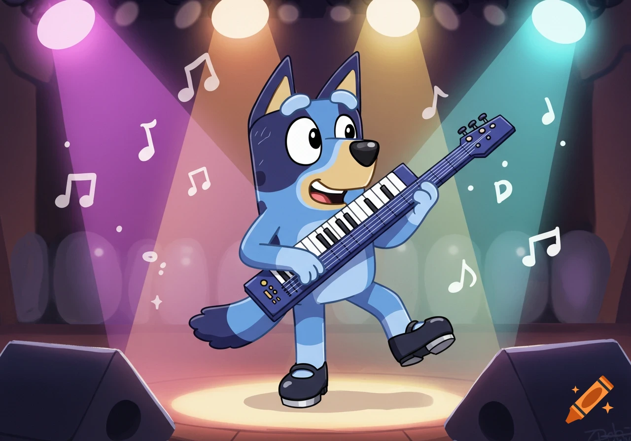 Bluey playing a keytar on a stage with colorful spotlights and musical notes floating around.