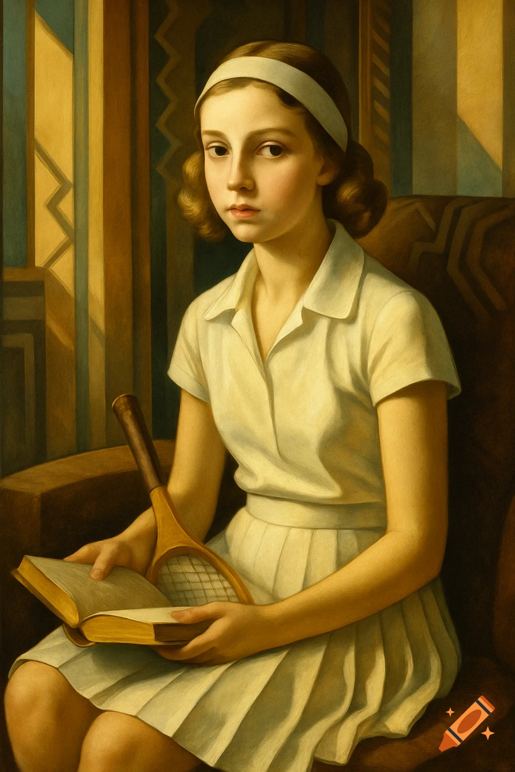 Art Deco painting of a teenage girl in a white tennis kit, seated and reading a book, looking at the viewer.