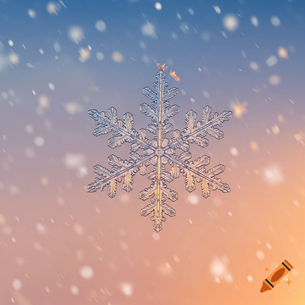 Close-up of a symmetrical ice snowflake against a soft blue and orange gradient background with blurry falling snow.