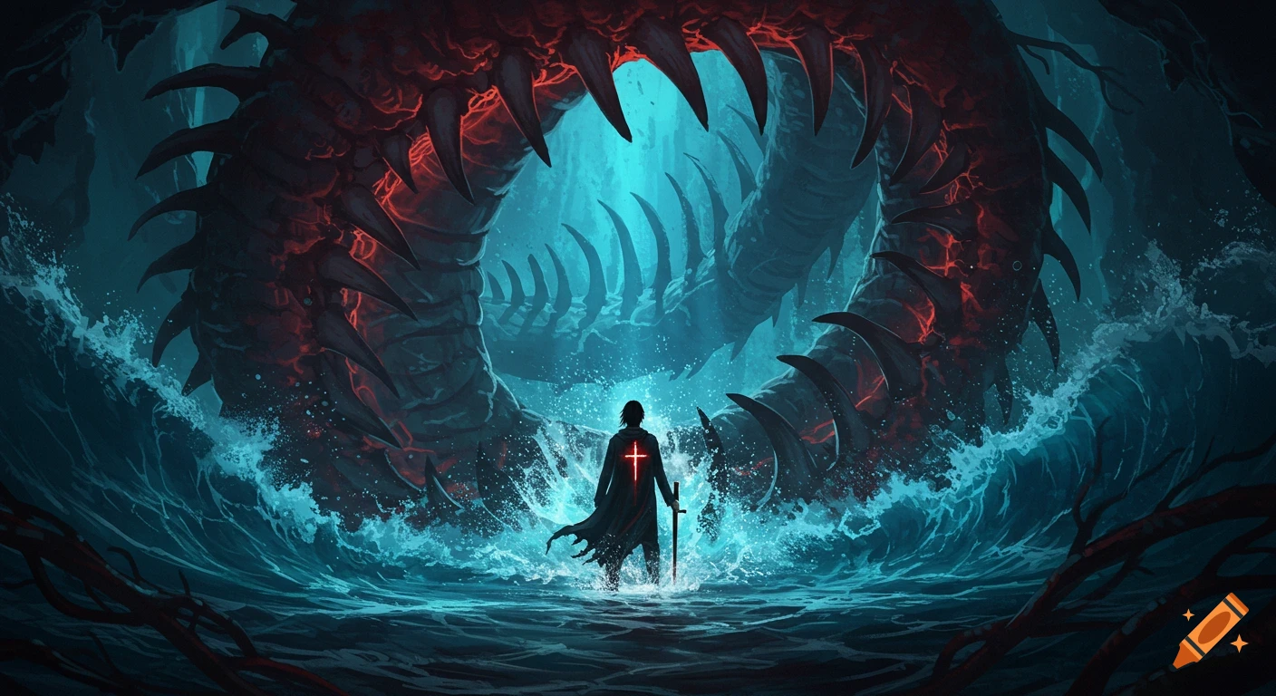 A lone warrior with a glowing cross stands in turbulent water before a giant sea monster with red veins, in a dramatic fantasy digital painting.