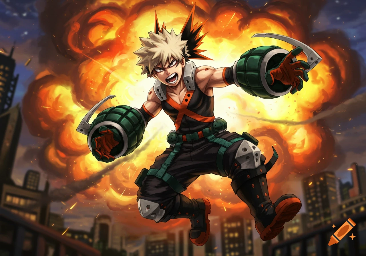 Blonde spiky-haired anime character Bakugo jumps amidst a huge orange explosion, wearing a black and green hero suit with grenadier bracers.