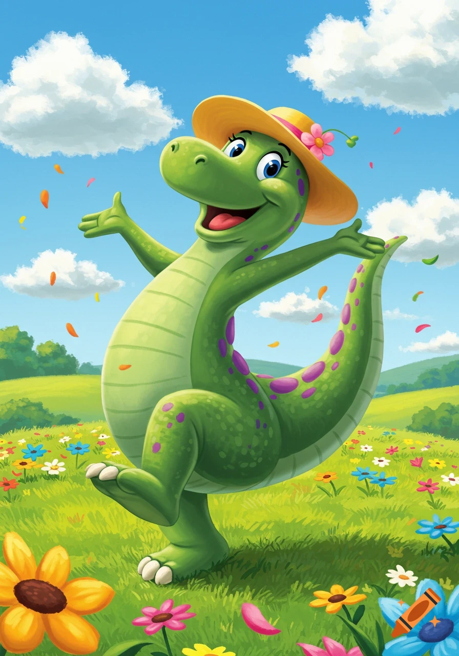 A cheerful green cartoon dinosaur wearing a straw hat dances in a sunny field full of colorful flowers.