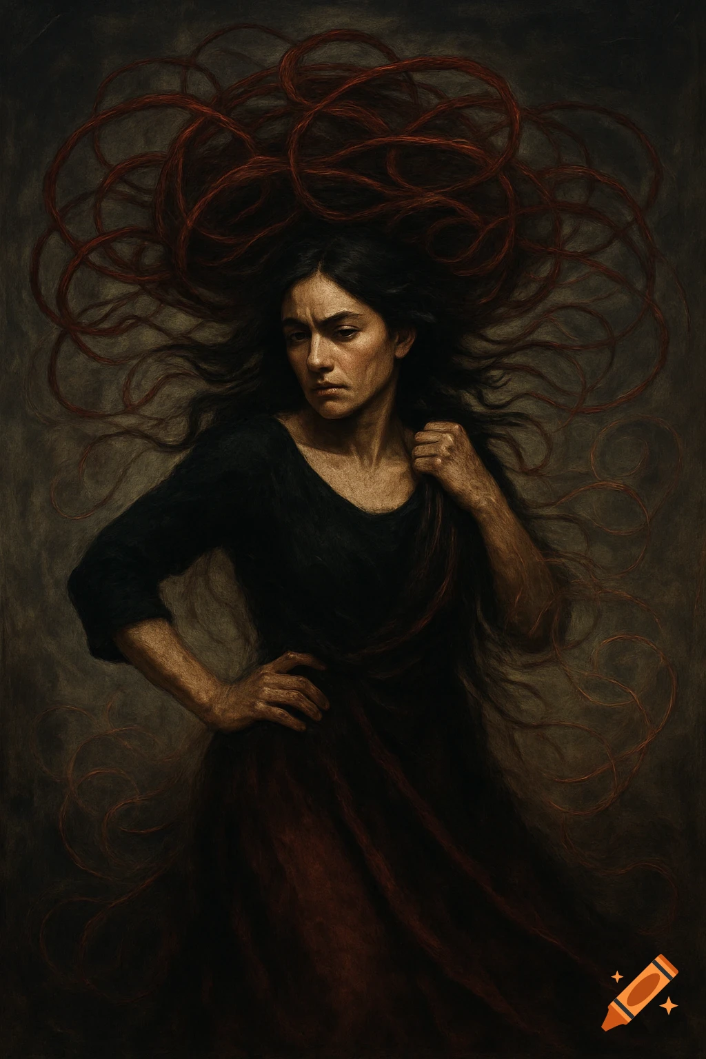 A dramatic, painterly portrait of a woman with dark, wild hair and red, rope-like tendrils emerging from it, against a dark background.