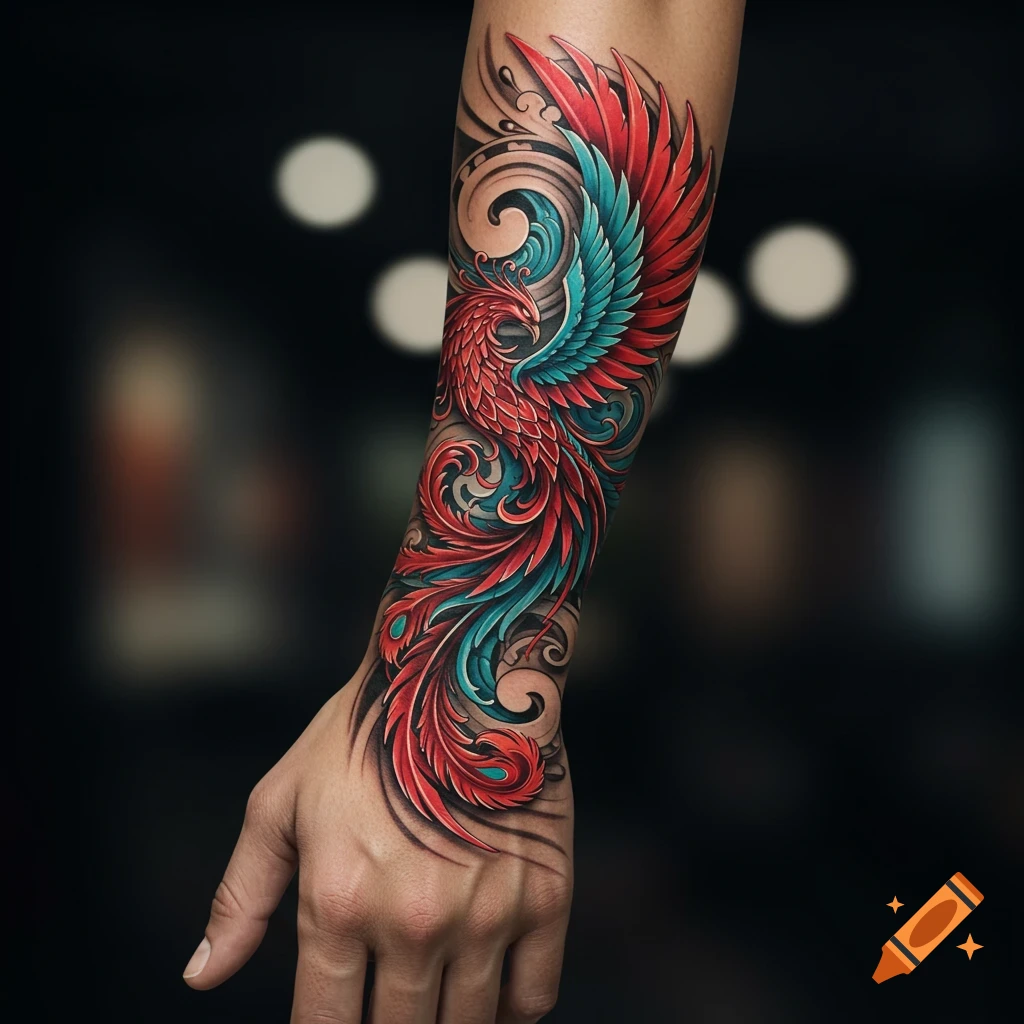Vibrant red and teal phoenix tattoo with ornate swirling details on a person's forearm.