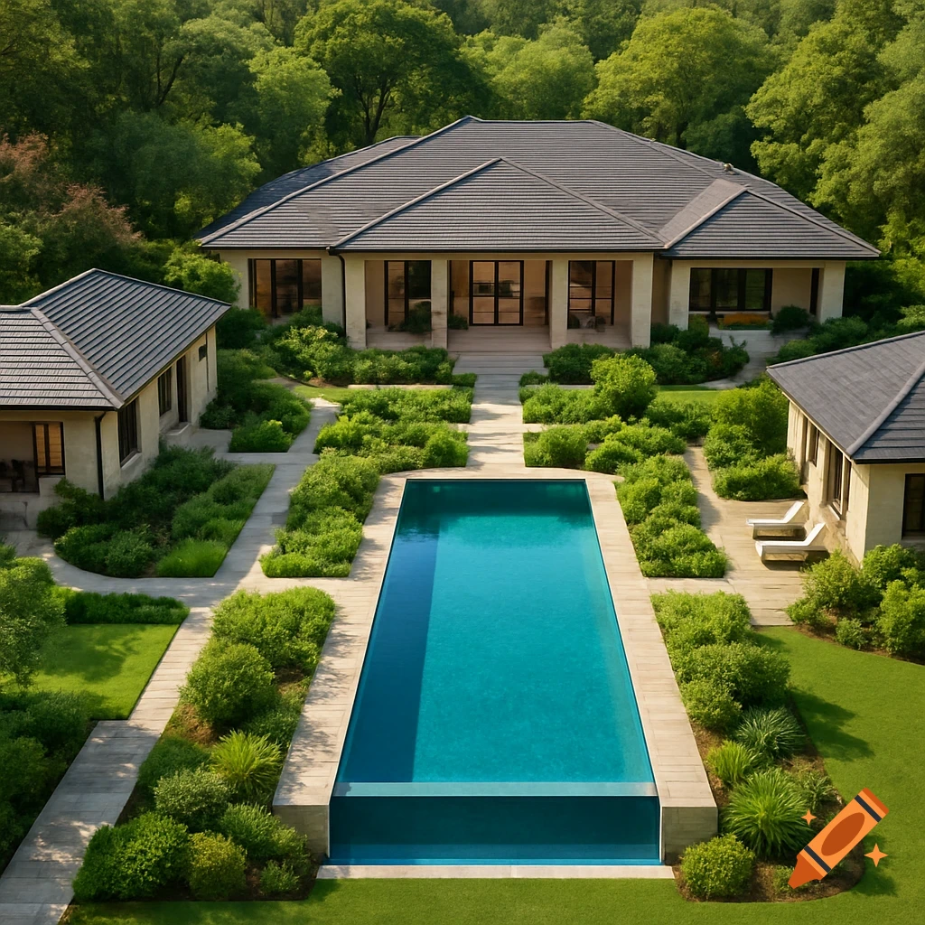 Aerial view of a luxurious modern compound with a main house, two guest houses, a long infinity pool, and manicured landscaping, all surrounded by a dense green forest.